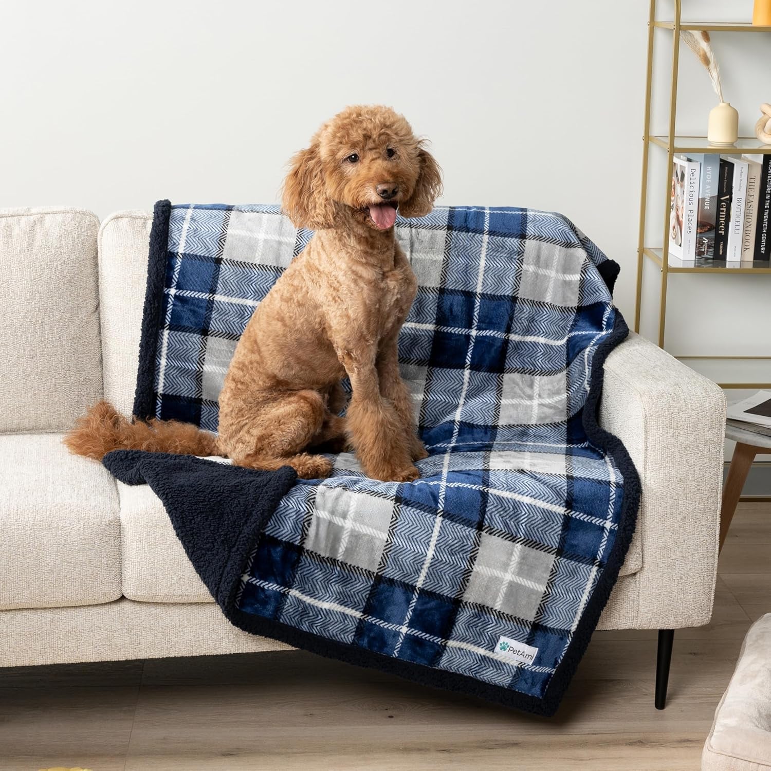 Waterproof Dog Blanket for Small Medium Dog, Pet Puppy Blanket Couch Cover Protection, Sherpa Fleece Cat Blanket Couch Sofa Bed Furniture Protector Reversible Soft Washable 29X40 Plaid Navy