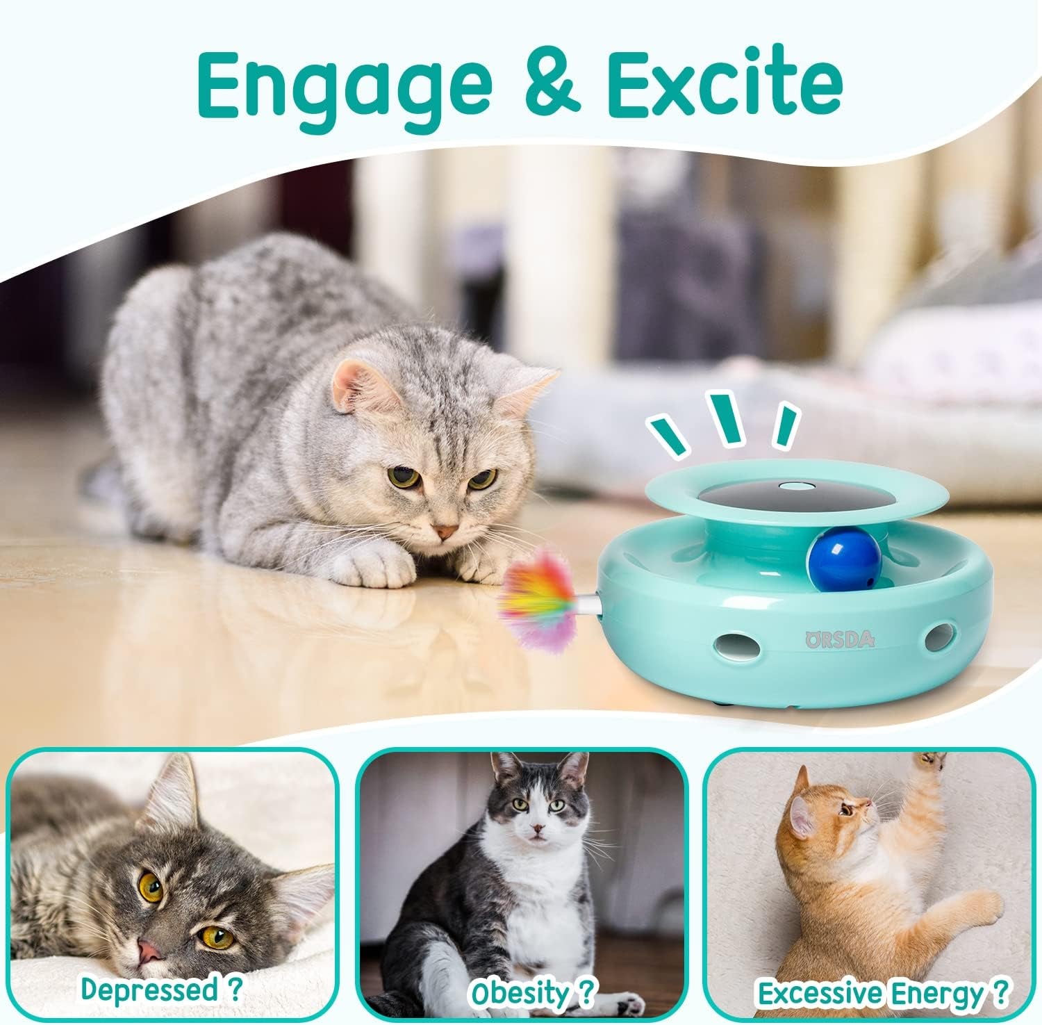 Cat Toys 2-In-1 Interactive Cat Toys for Indoor Cats, Automatic Cat Toy Balls, Mice Toys Ambush Feather Kitten Toys with 7Pcs Attachments, Dual Power Supplies, Adjustable Speed, Auto On/Off