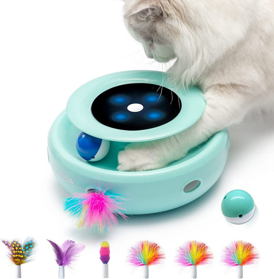 Cat Toys 2-In-1 Interactive Cat Toys for Indoor Cats, Automatic Cat Toy Balls, Mice Toys Ambush Feather Kitten Toys with 7Pcs Attachments, Dual Power Supplies, Adjustable Speed, Auto On/Off