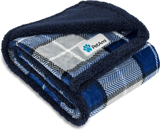 Waterproof Dog Blanket for Small Medium Dog, Pet Puppy Blanket Couch Cover Protection, Sherpa Fleece Cat Blanket Couch Sofa Bed Furniture Protector Reversible Soft Washable 29X40 Plaid Navy