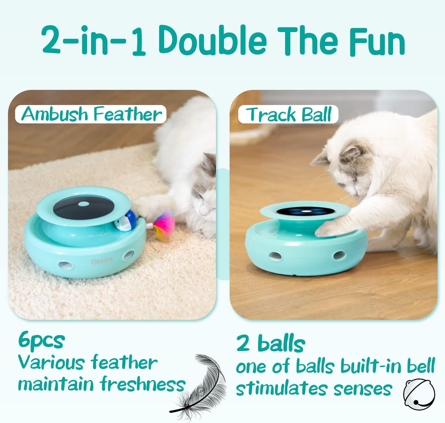 Cat Toys 2-In-1 Interactive Cat Toys for Indoor Cats, Automatic Cat Toy Balls, Mice Toys Ambush Feather Kitten Toys with 7Pcs Attachments, Dual Power Supplies, Adjustable Speed, Auto On/Off