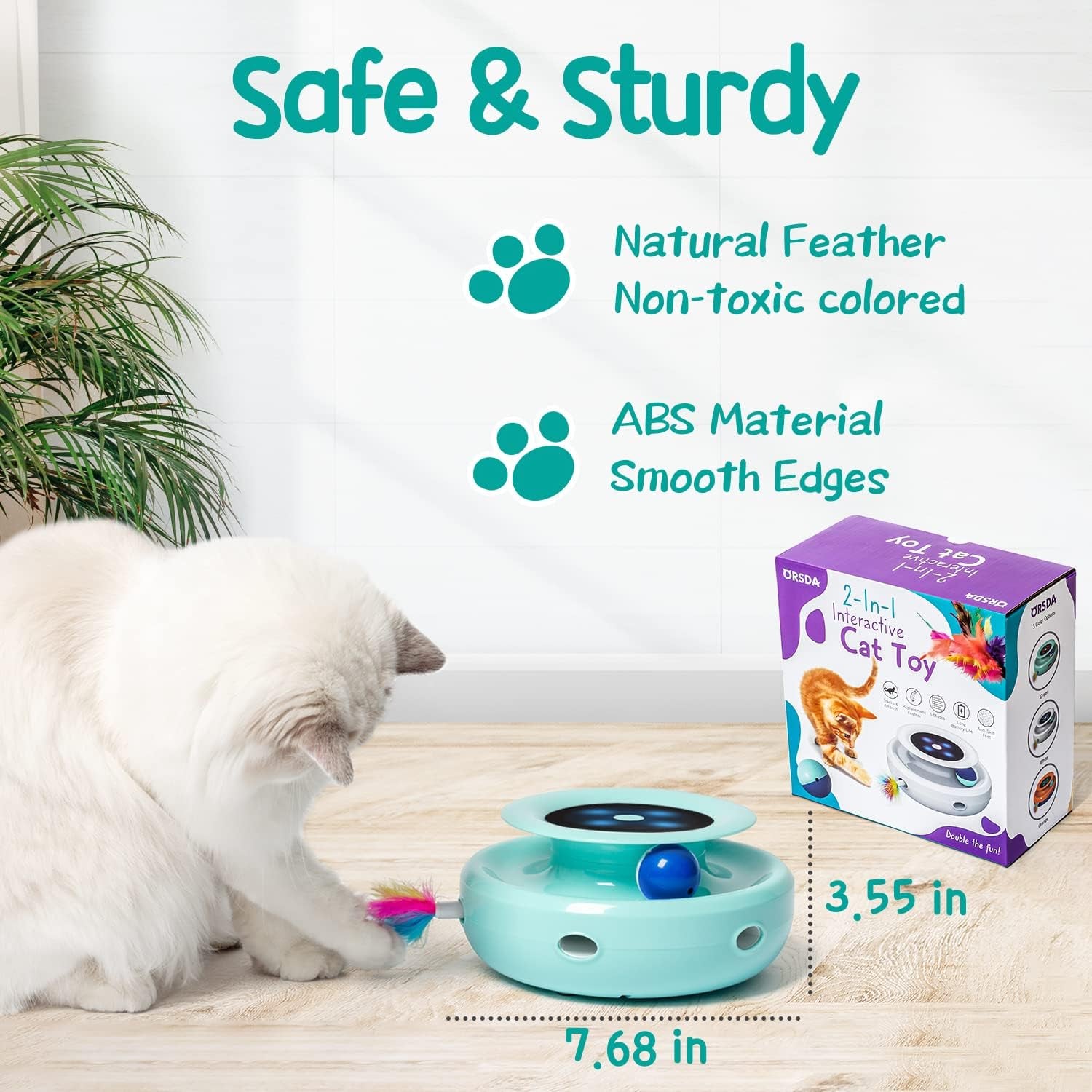 Cat Toys 2-In-1 Interactive Cat Toys for Indoor Cats, Automatic Cat Toy Balls, Mice Toys Ambush Feather Kitten Toys with 7Pcs Attachments, Dual Power Supplies, Adjustable Speed, Auto On/Off