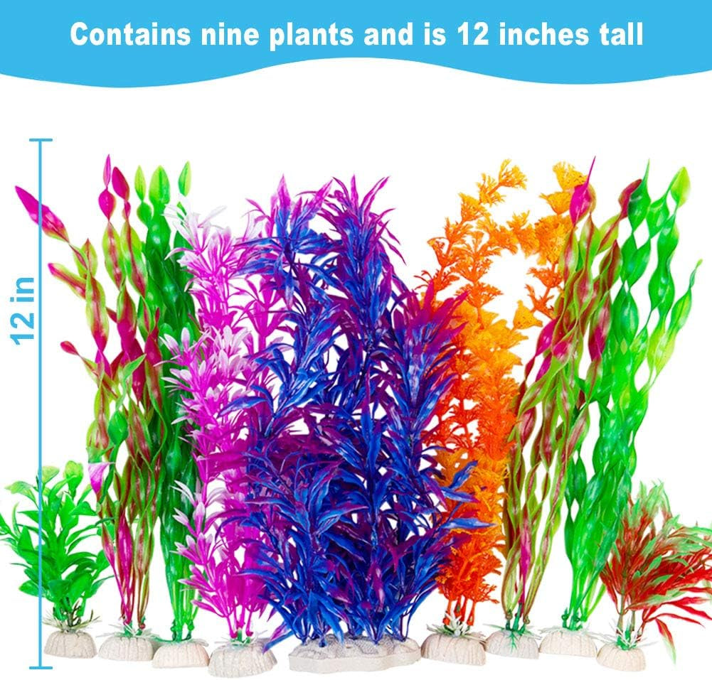 9 Pack Large Aquarium Plants Artificial Aquatic Plants, Simulate Plants and Aquarium Landscape Vividly (12Inch)