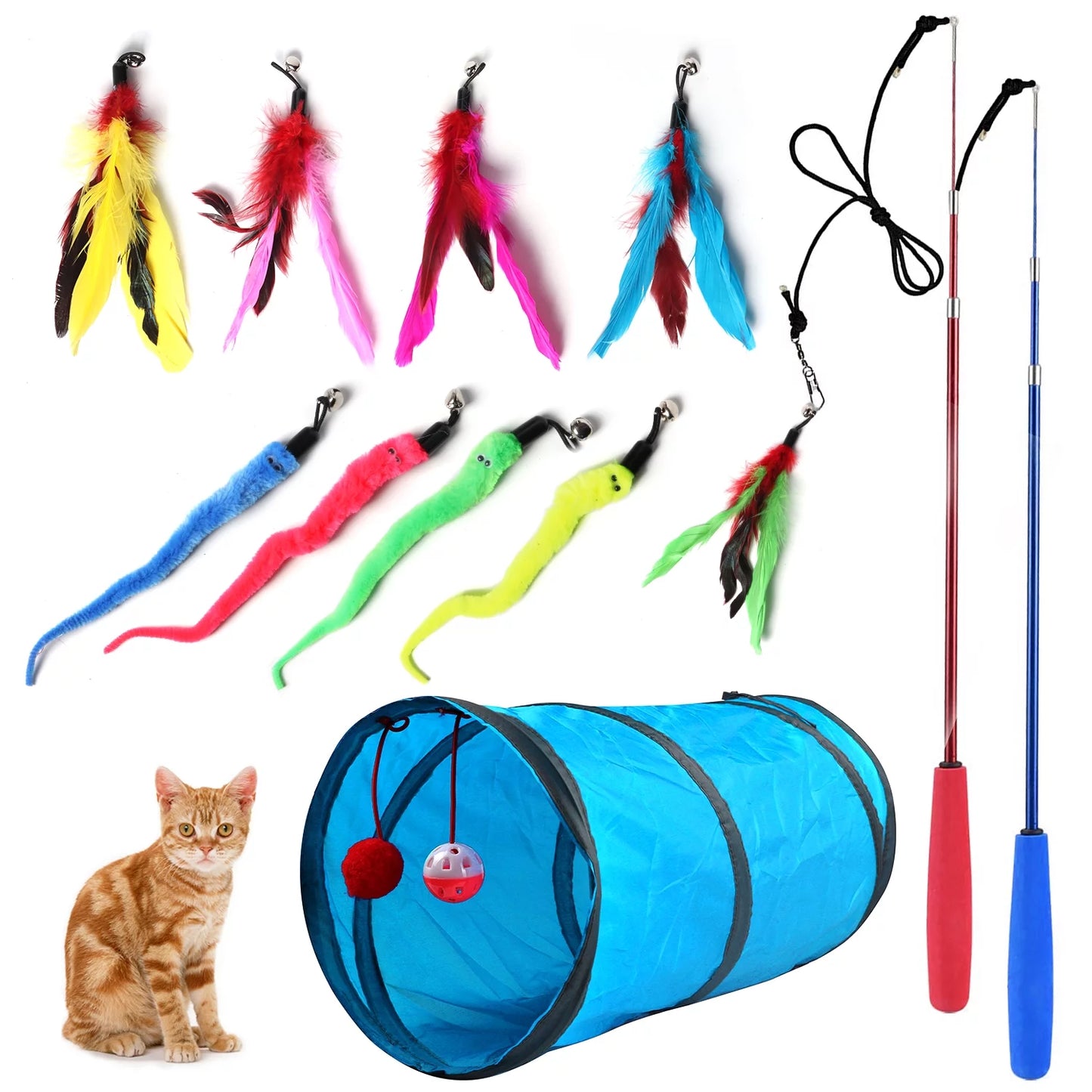 12-Piece Interactive Cat Feather Toy Set with Wands & Tunnel, Multicolor (2 Pack)